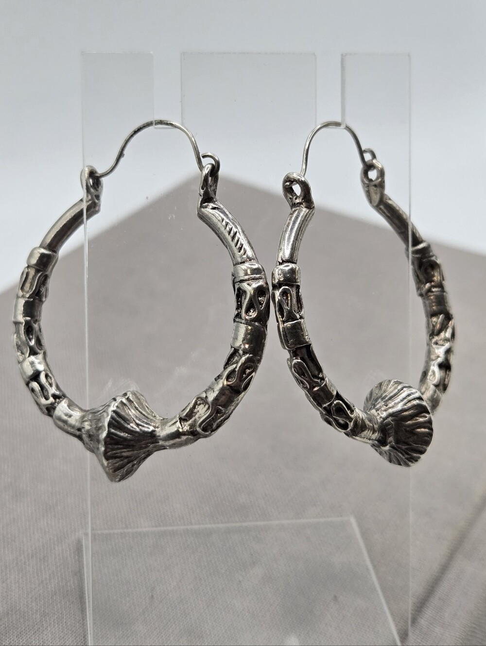Silver Tone Chunky Hoop Earrings Boho Tribal Indie Ornate Textured Southwestern